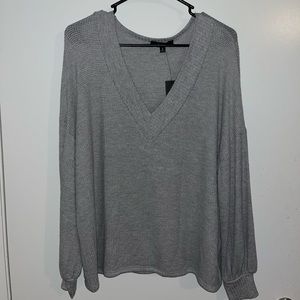 Grey Knit Balloon Sleeve Sweater Top
